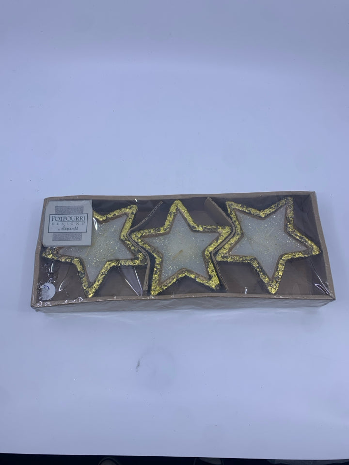 NIB POTPOURRI DESIGNS 3 STAR CANDLES DISTRESSED GOLD.