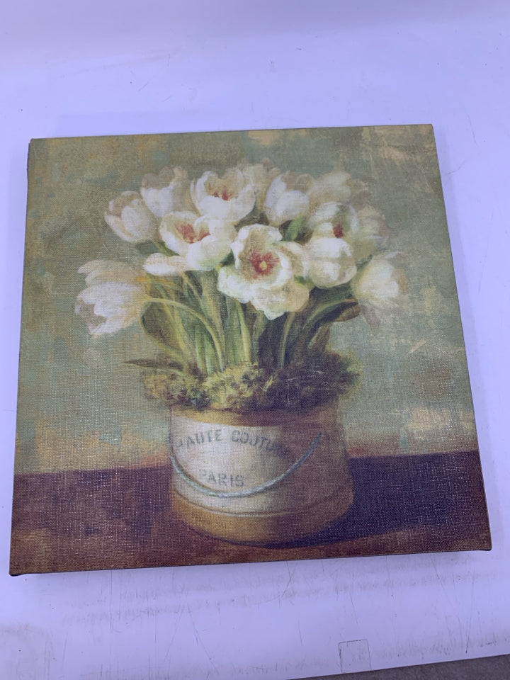 WHITE FLOWERS IN HAT BOX- CANVAS WALL ART.