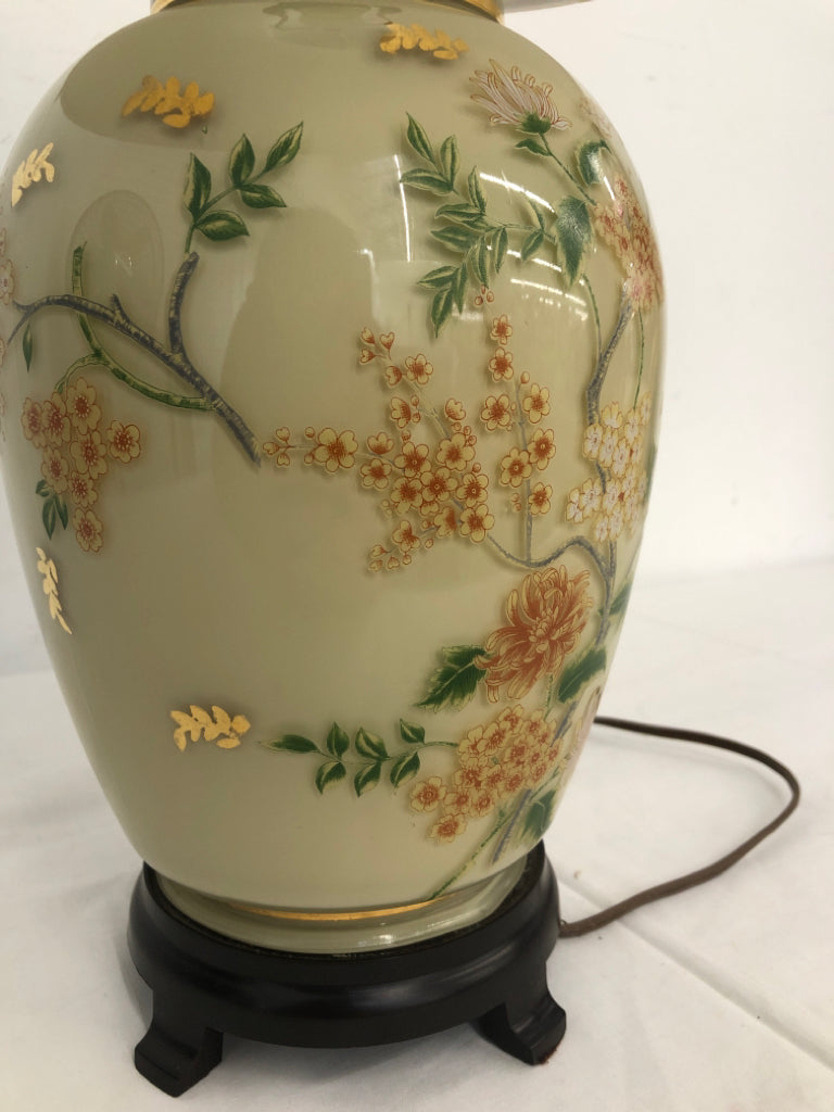 ASIAN STYLE GINGER JAR CREAM/CHERRY BLOSSOM BASE/WHITE SHADE LAMP.