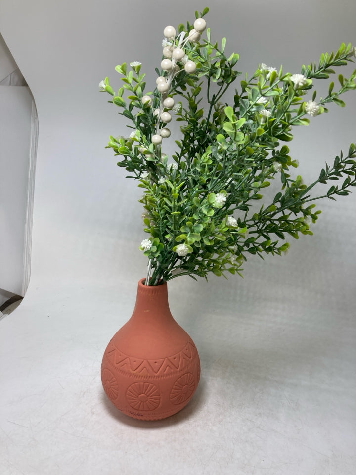CARVED TERRA COTTA PLANTER W/ FAUX LITTLE WHITE FLOWERS/PEARLS.