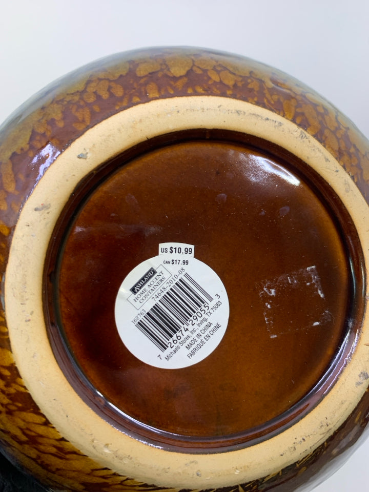 SHORT BLUE/TAN CERAMIC VASE SHORT NECK.