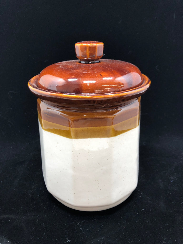 4 BROWN DIPPED CERAMIC CANISTERS.