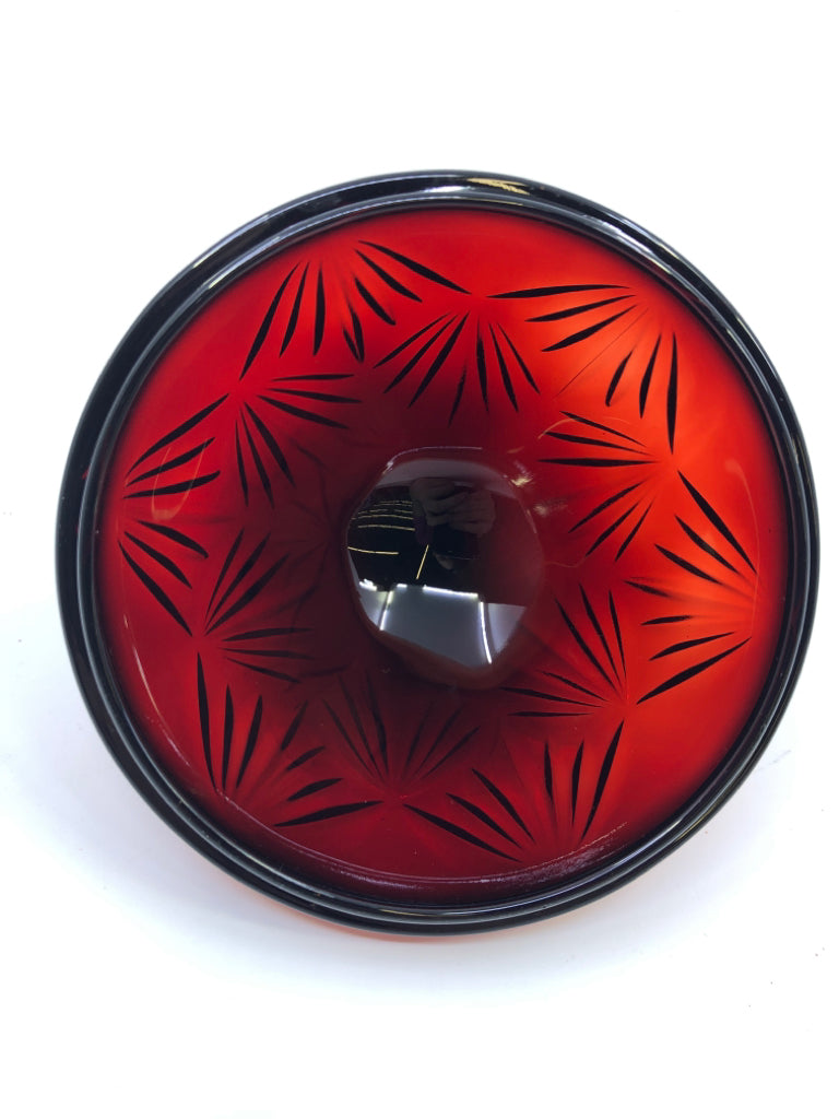 RED FOOTED EGG SHAPED CANISTER HARD CUT GLASS.