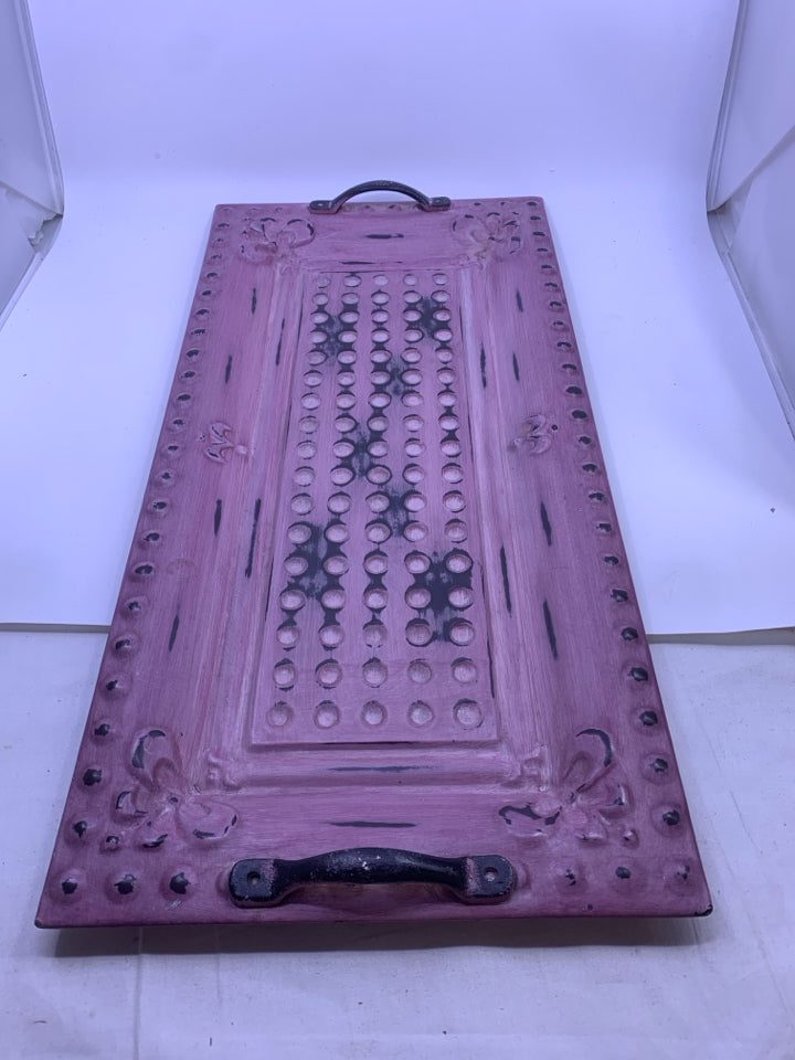 PURPLE RUSTIC METAL RECTANGULAR TRAY W/HANDLES.