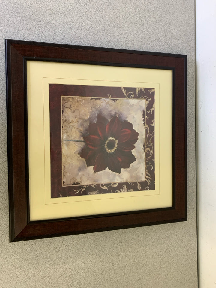 RED FLOWER IN A MAROON FRAME WALL ART.