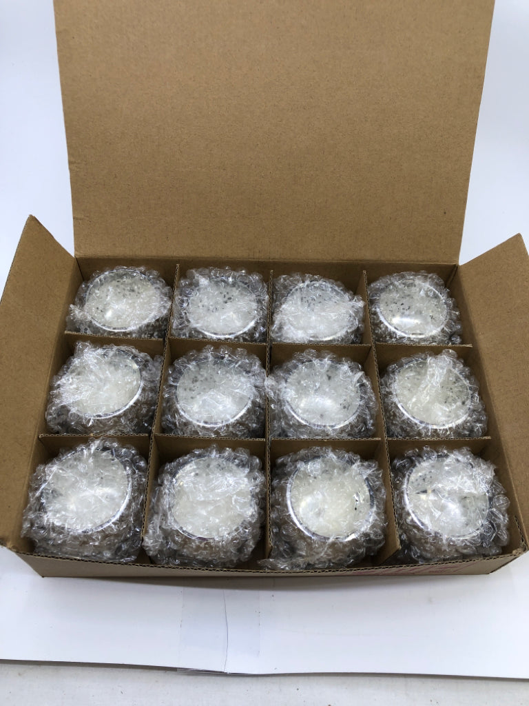 12 MERCURY GLASS TEA LIGHT HOLDERS IN BOX.