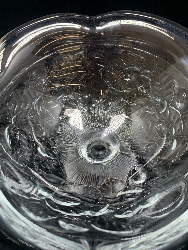 CUT GLASS PEDESTAL BOWL W/EMBOSSED FLOWERS.