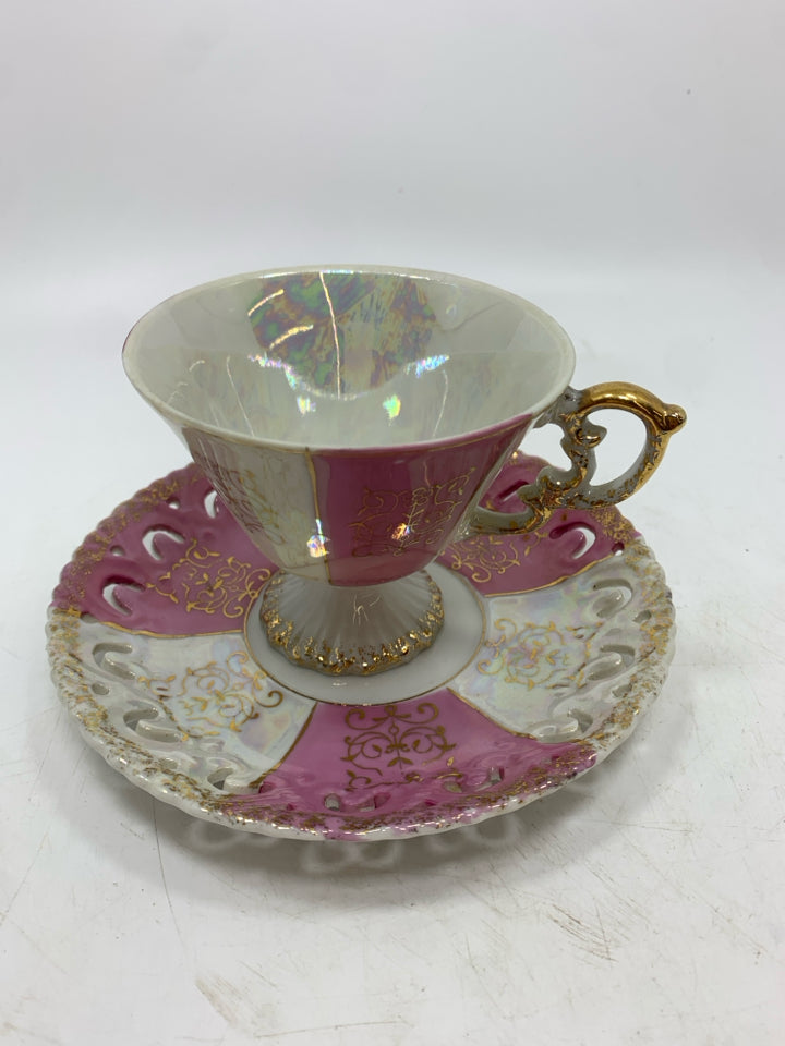 VTG PINK/WHITE TEACUP & SAUCER.