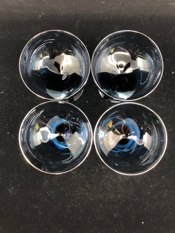 4 LENOX BLUE WINE/COUPE GLASSES W SILVER RIM.