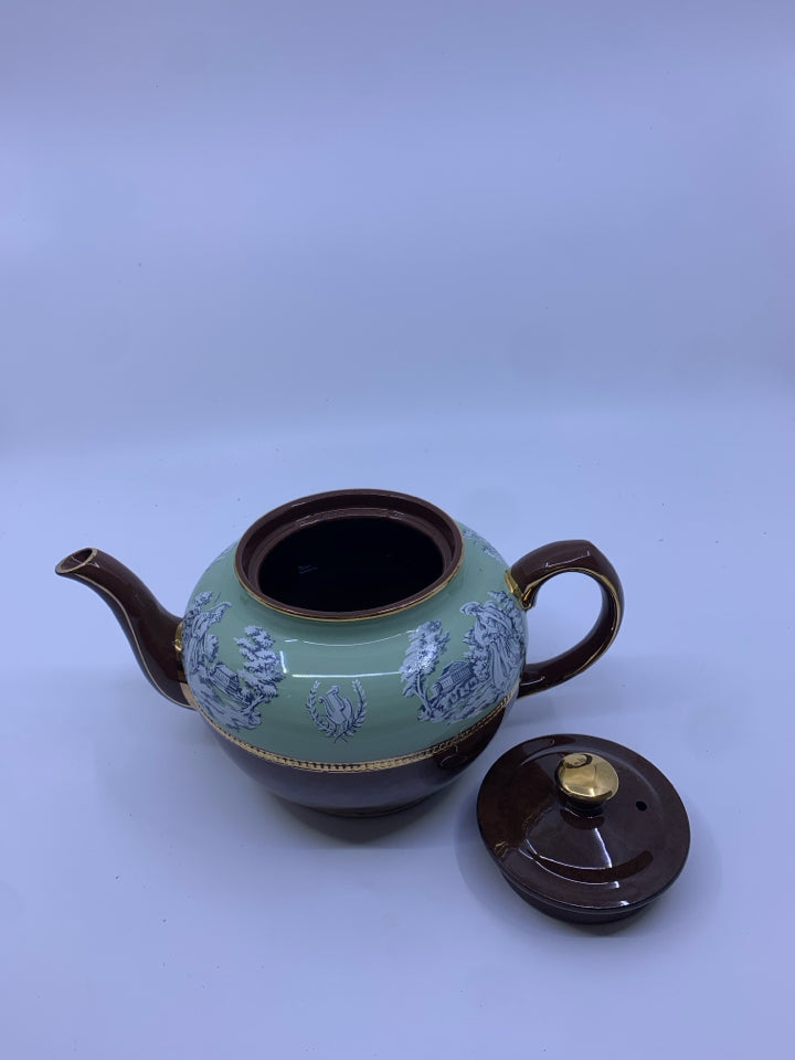 VTG BROWN TEA POT W/ MINT GREEN+ GOLD ACCENTS.