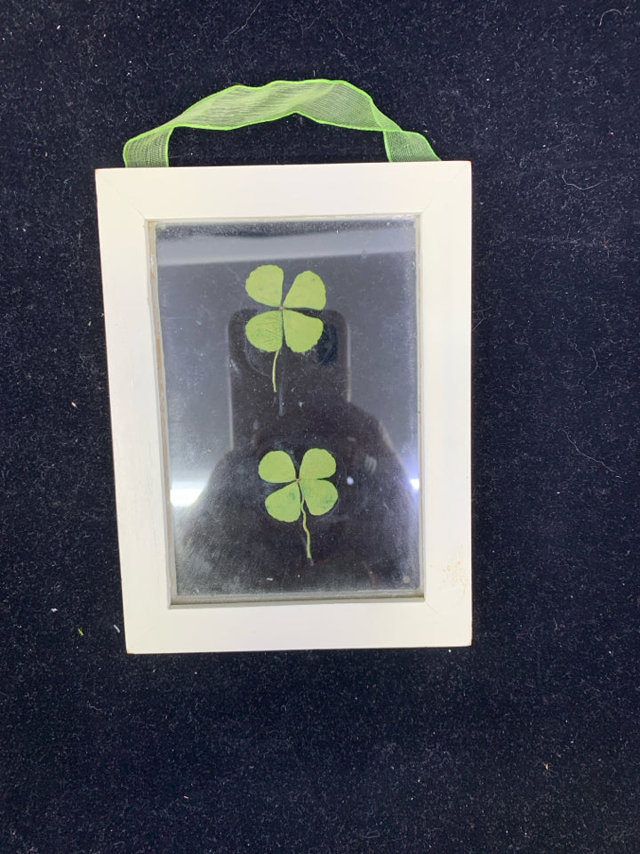 PRESSED SHAMROCK IN CREAM FRAME WALL HANGING.