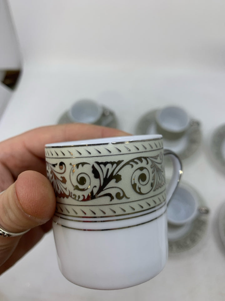 VTG 12 PC DEMITASSE WHITE W/ SILVER SCROLL YAU SHING.