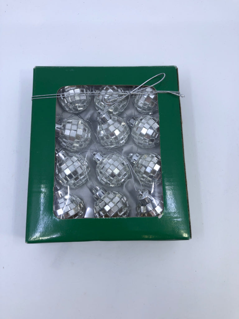 12 NIB DISCO BALL ORNAMENTS- GREEN BOX
