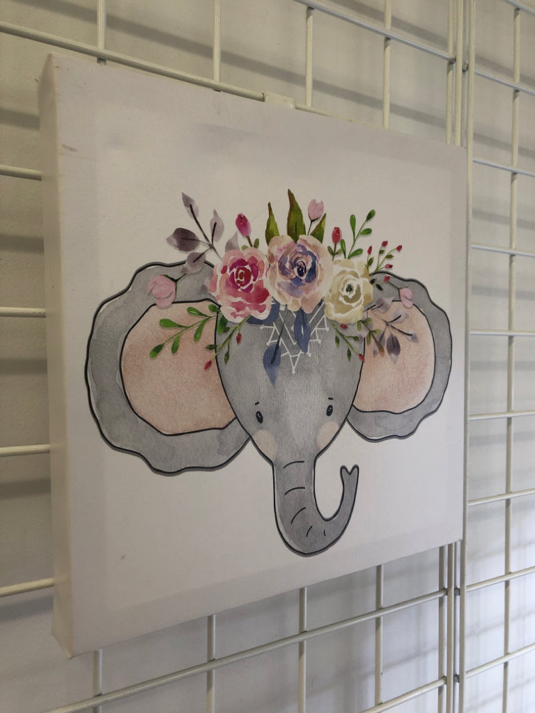 ELEPHANT WITH FLORAL CANVAS WALL ART.