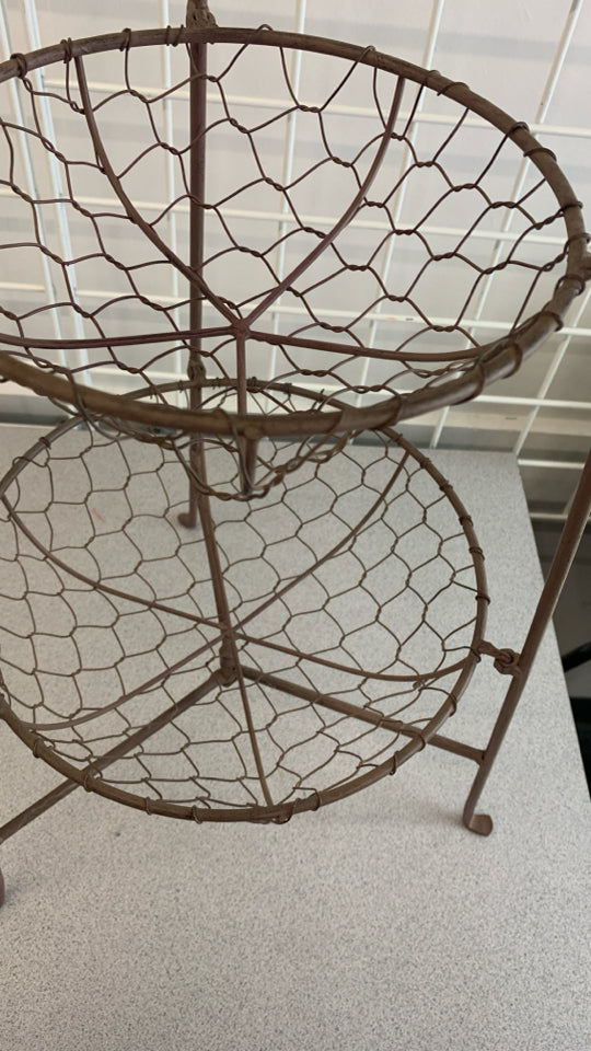 2 TIER BROWN METAL FRUIT BASKET W/ROOSTER.