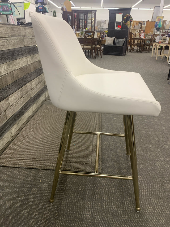 WHITE LEATHER SWIVEL SHORT BAR STOOL W/ GOLD LEGS.