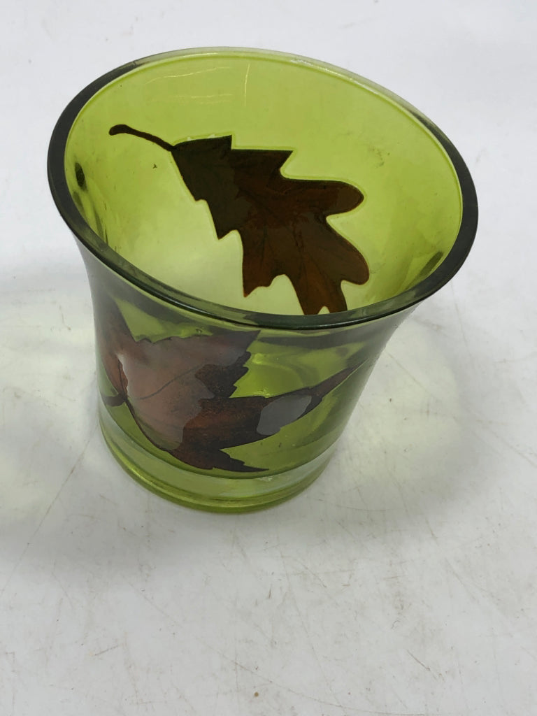 AUTUMN LEAF GREEN GLASS VOTIVE HOLDER.