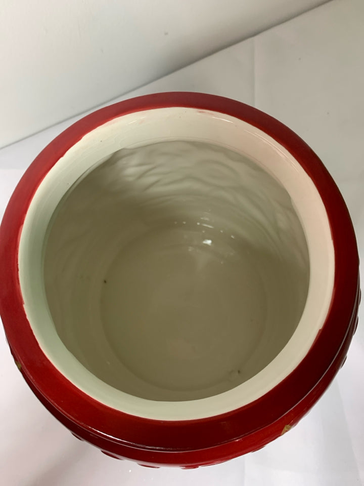 LARGE RED EMBOSSED SUNFLOWER COOKIE JAR.