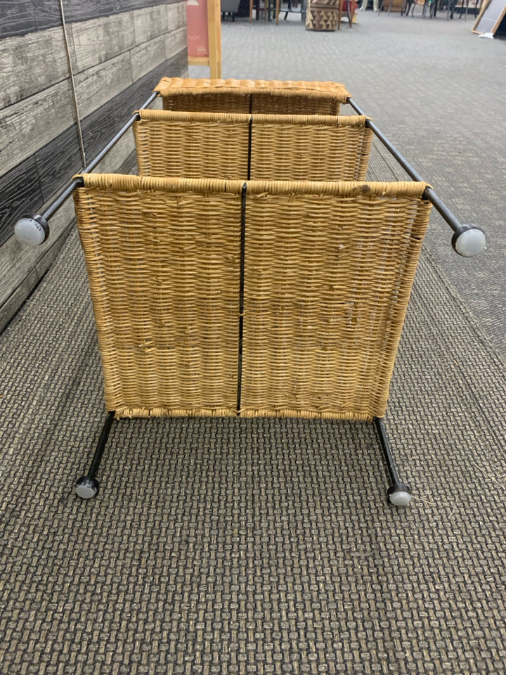 3 TIER WOVEN SIDE TABE W BLACK METAL.