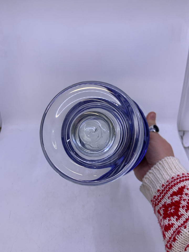 FOOTED GLASS CANDLE HOLDER W/ BLUE LINES.