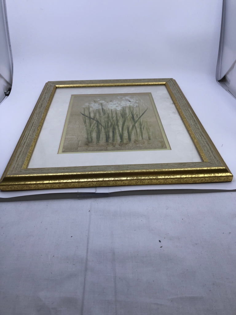 WHITE DAISY AND GRASS IN GOLD FRAME.