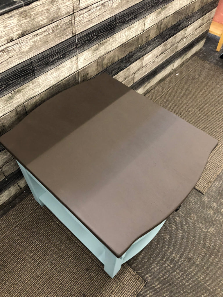 TEAL SIDE TABLE W/DARK BROWN PAINTED TOP+1 DRAWER.