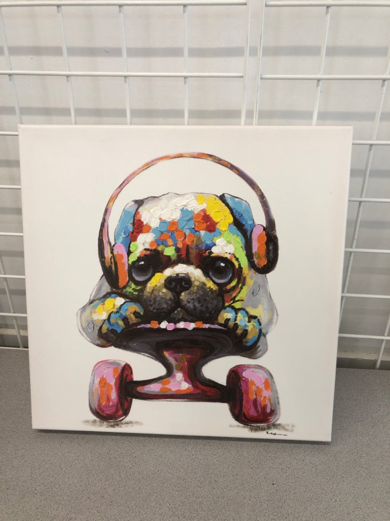 TEXTURED COLORFUL DOG WITH SKATEBOARD CANVAS ART.