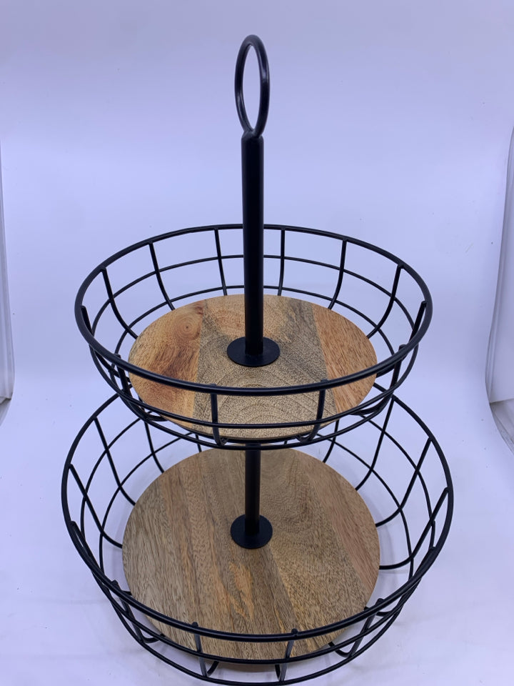 BLACK METAL 2 TIER FRUIT BASKET W WOOD BASE.