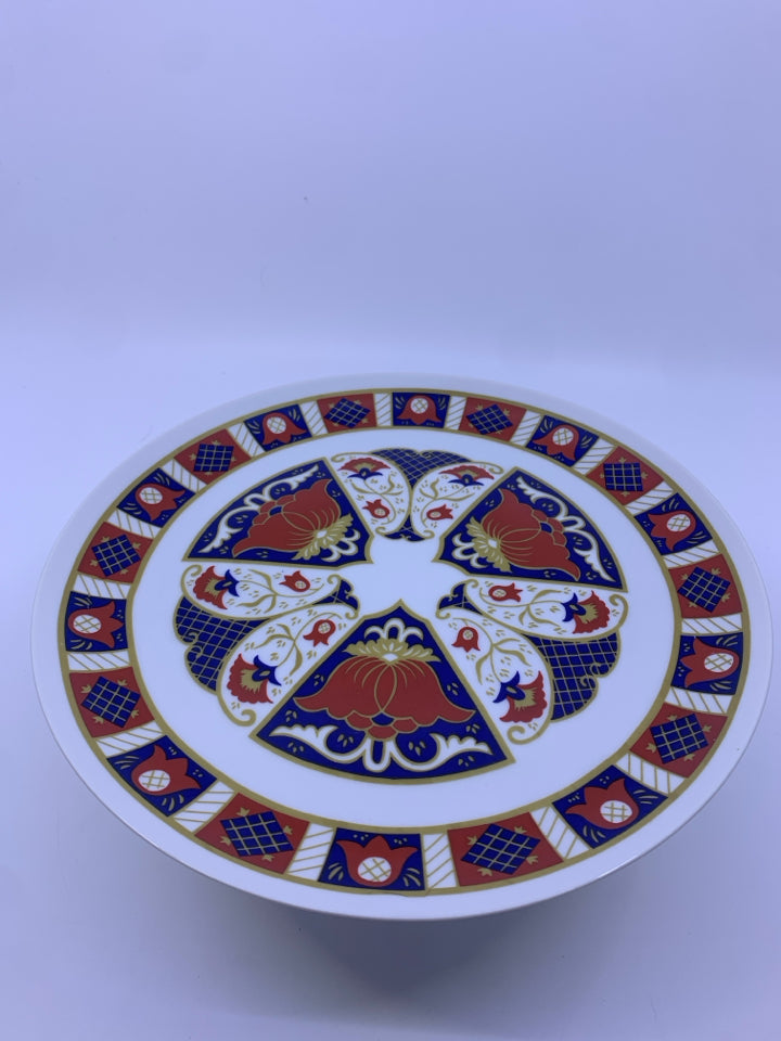 DERBYSHIRE FOOTED CAKE PLATTER W/ RED,WHITE,BLUE,GOLD PATTERNS/FLOWERS.