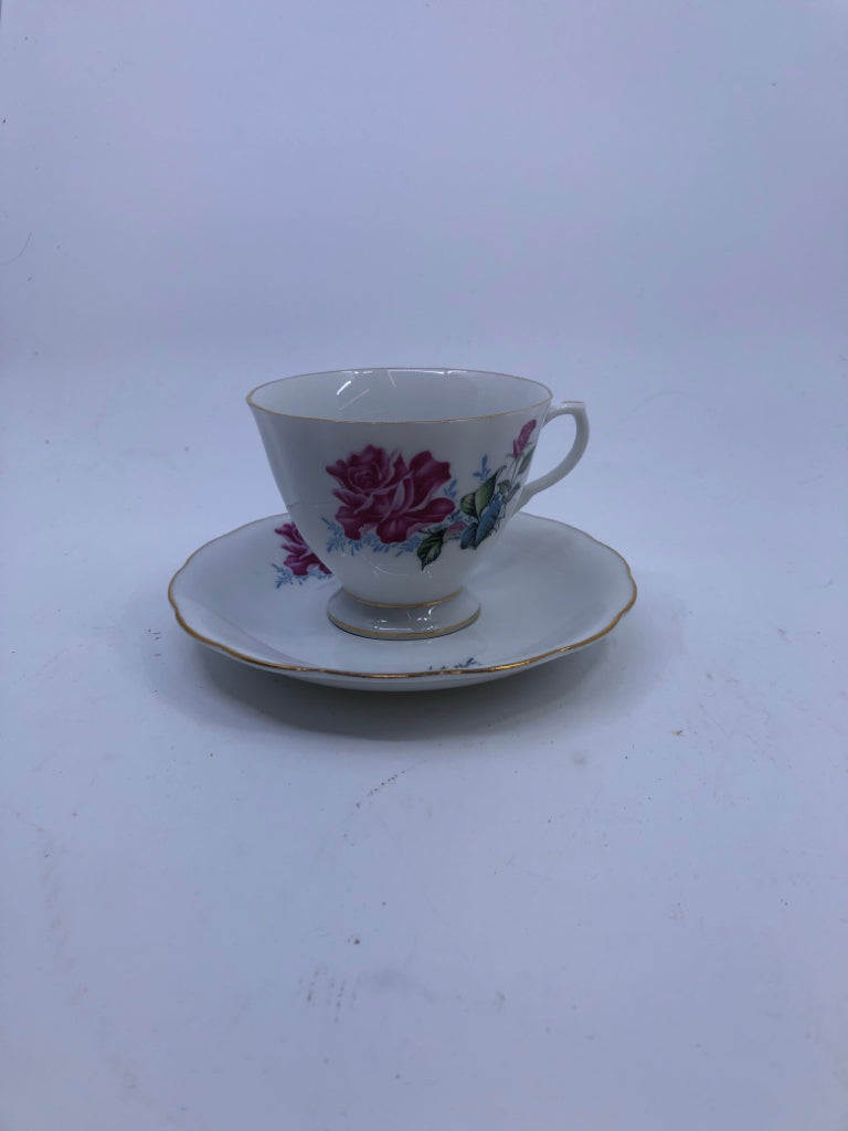 PINK ROSE, GREEN LEAVES TEACUP AND SAUCER.