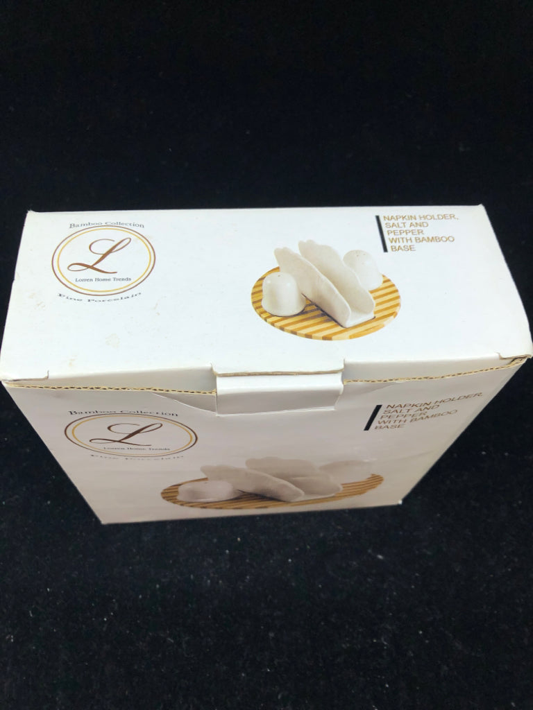 4PC NAPKIN, SALT AND PEPPER SET W/BAMBOO BASE.