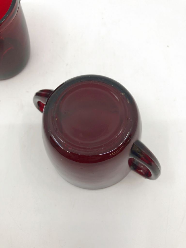 VTG RED GLASS SUGAR + CREAMER SET.