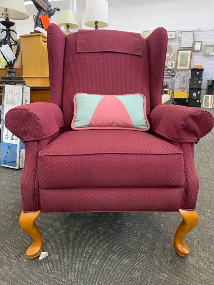 RED FABRIC ACCENT WING CHAIR, WOOD LEGS, THROW PILLOW.