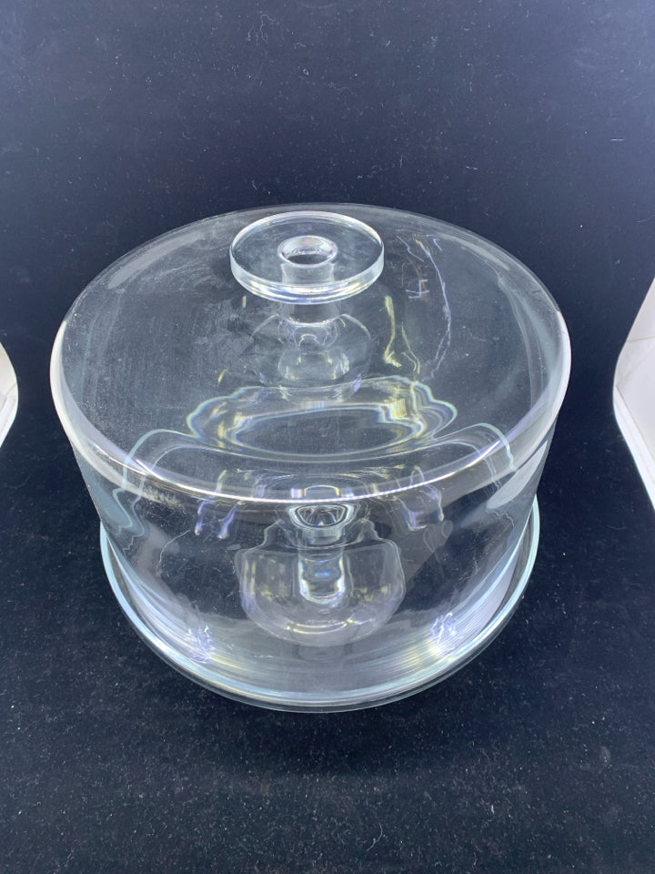 LARGE CLEAR GLASS FOOTED CAKE STAND W COVER.