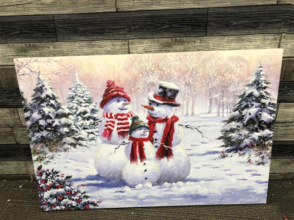 3 SNOWMEN IN SNOW CANVAS.