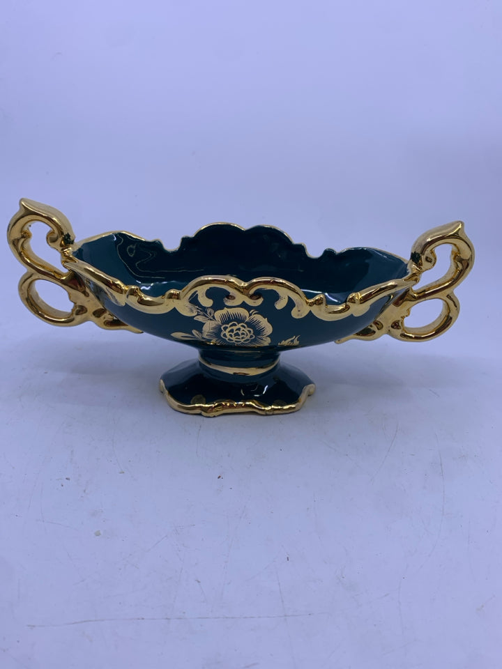 TEAL GOLD CERAMIC FOOTED OVAL PLANTER W/ FLOWER DESIGN SIGNED.