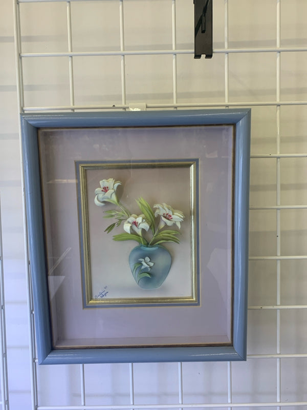 WHITE 3D FLORAL FRAMED ART- SIGNED.