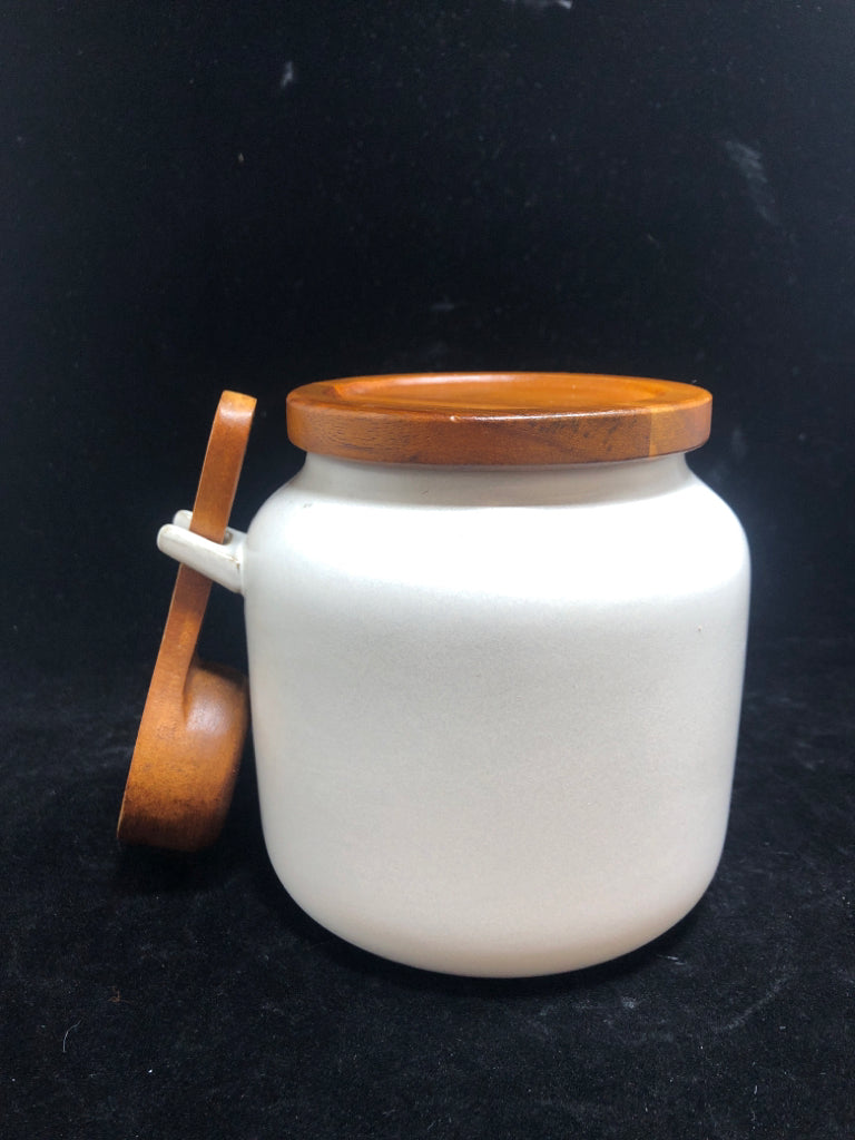 COFFEE CONTAINER W/WOOD LID AND WOOD SPOON.