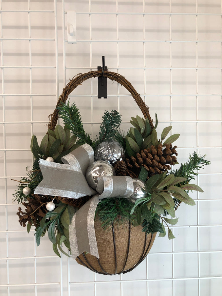SILVER BOW & PINECONE DOOR HANGING.