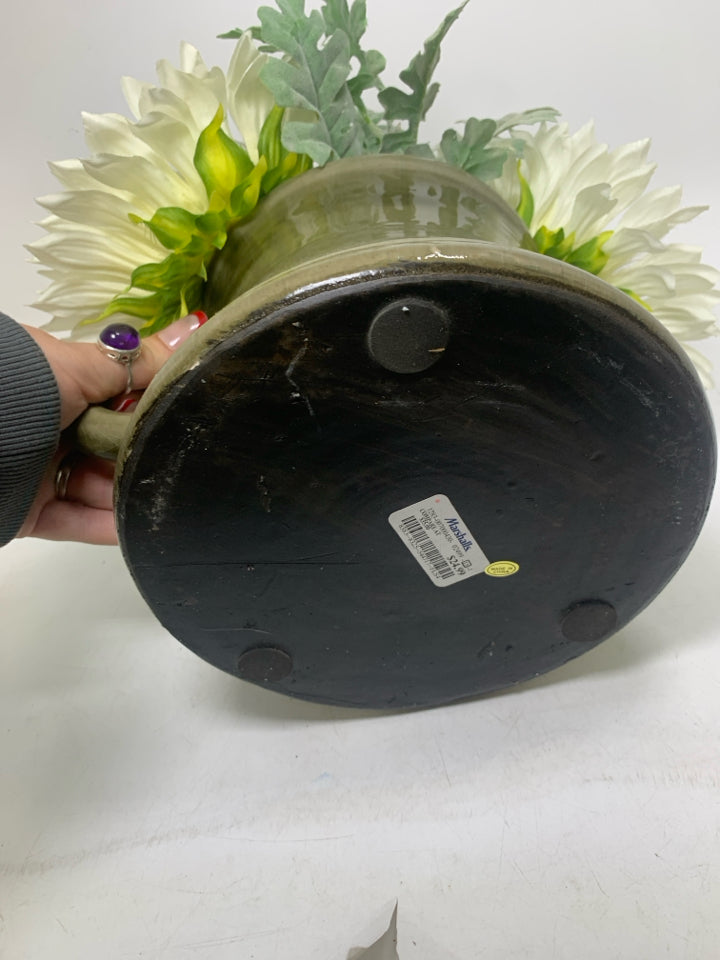 LARGE GREY PLANTER W/ FAUX WHITE DAISIES.
