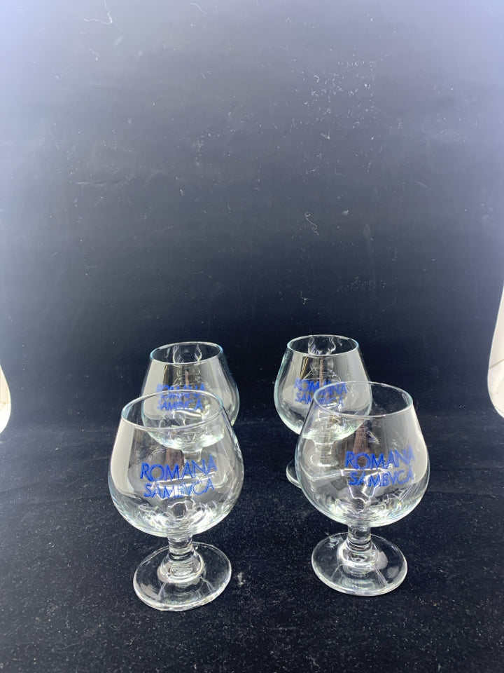 4 ROMAN SAMBUCA LIQUOR GLASSES.