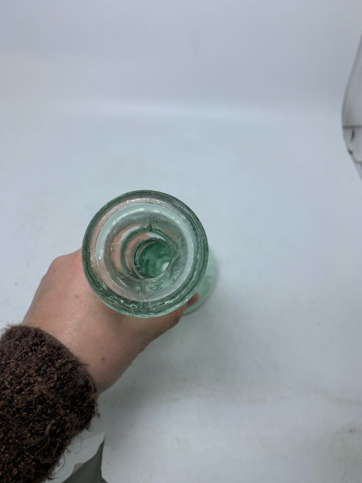 THICK GREEN TINTED GLASS TABLE CANDLE HOLDER.