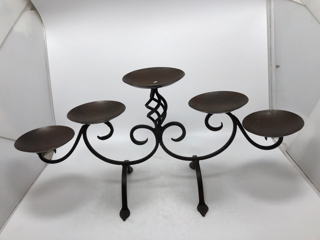 BROWN SCROLL METAL 5 SPOT PILLAR CANDLE HOLDER.