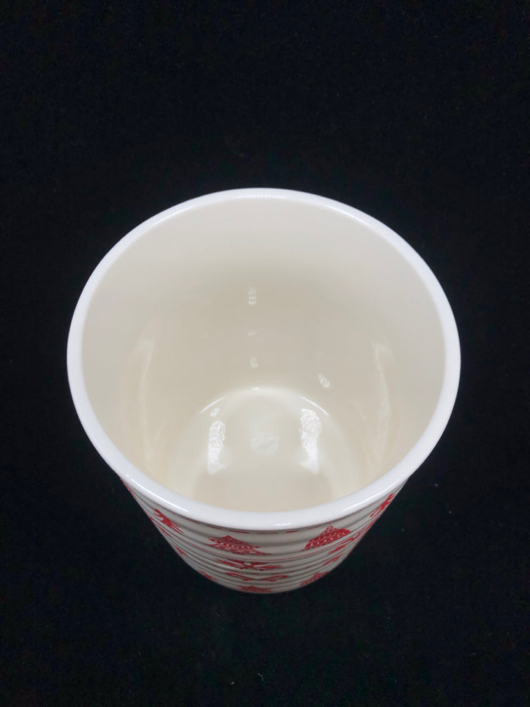 WHITE CERAMIC UTENSIL HOLDER W/RED WINTER/HOLIDAY PRINT.