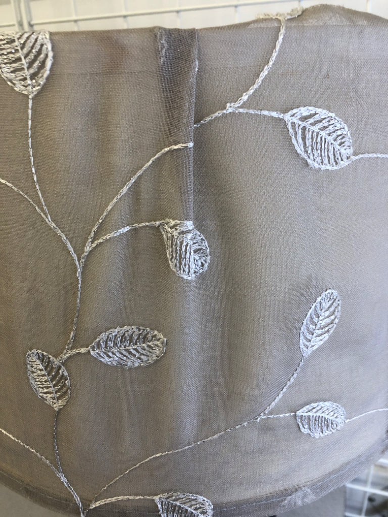 BLACK TWIST LAMP W/GLITTER LEAVES FABRIC SHADE.