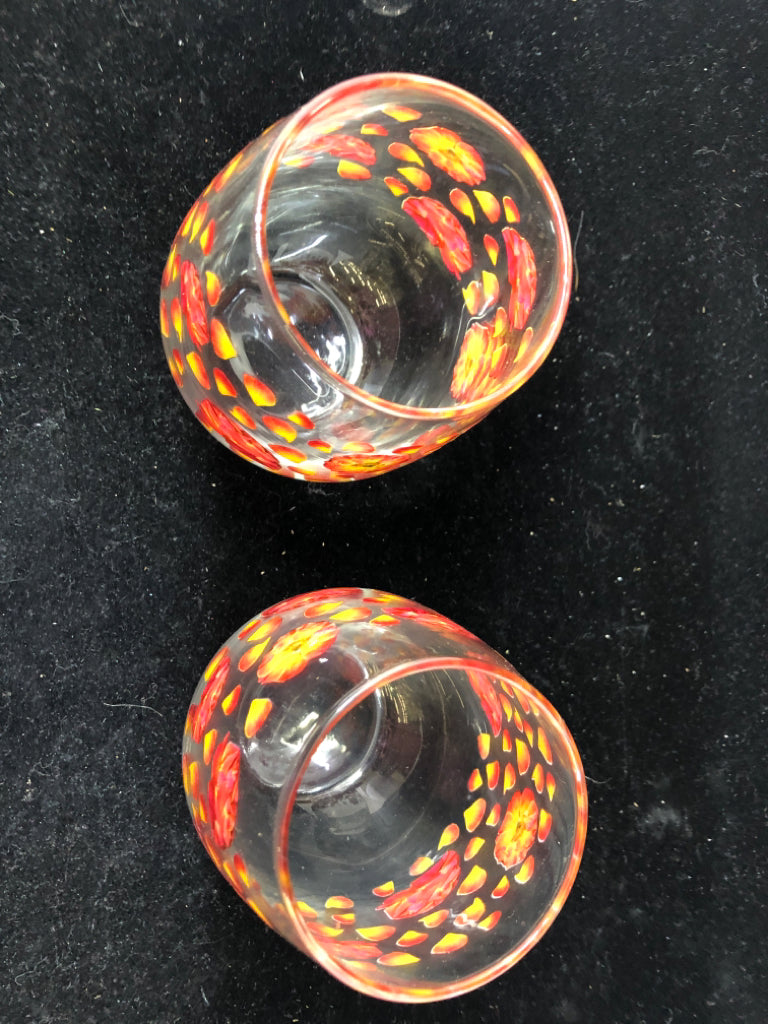 2 STEMLESS RED/ORANGE FLOWERS GLASSES.