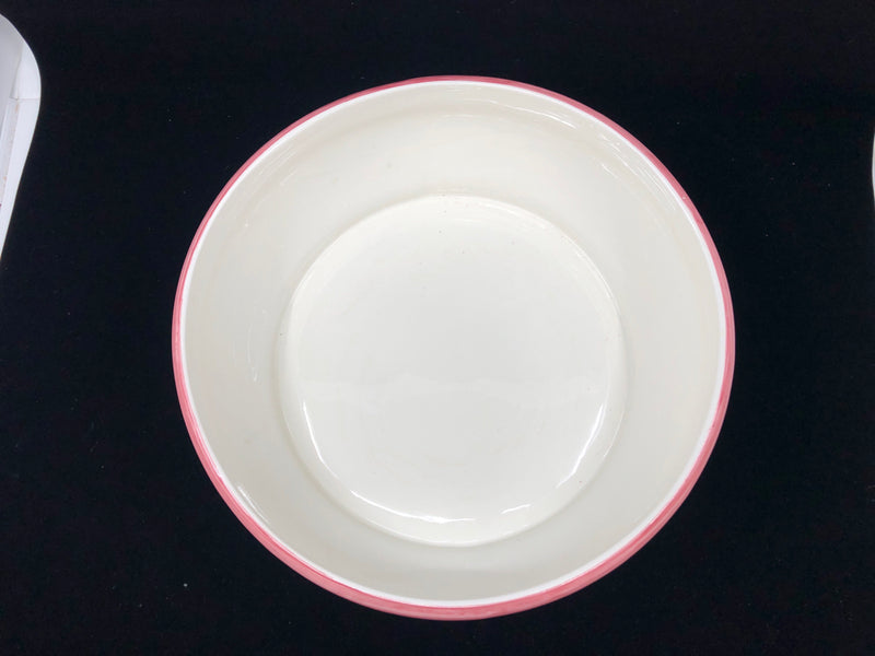 WHITE CERAMIC FRUIT BOWL W PINK RIM.