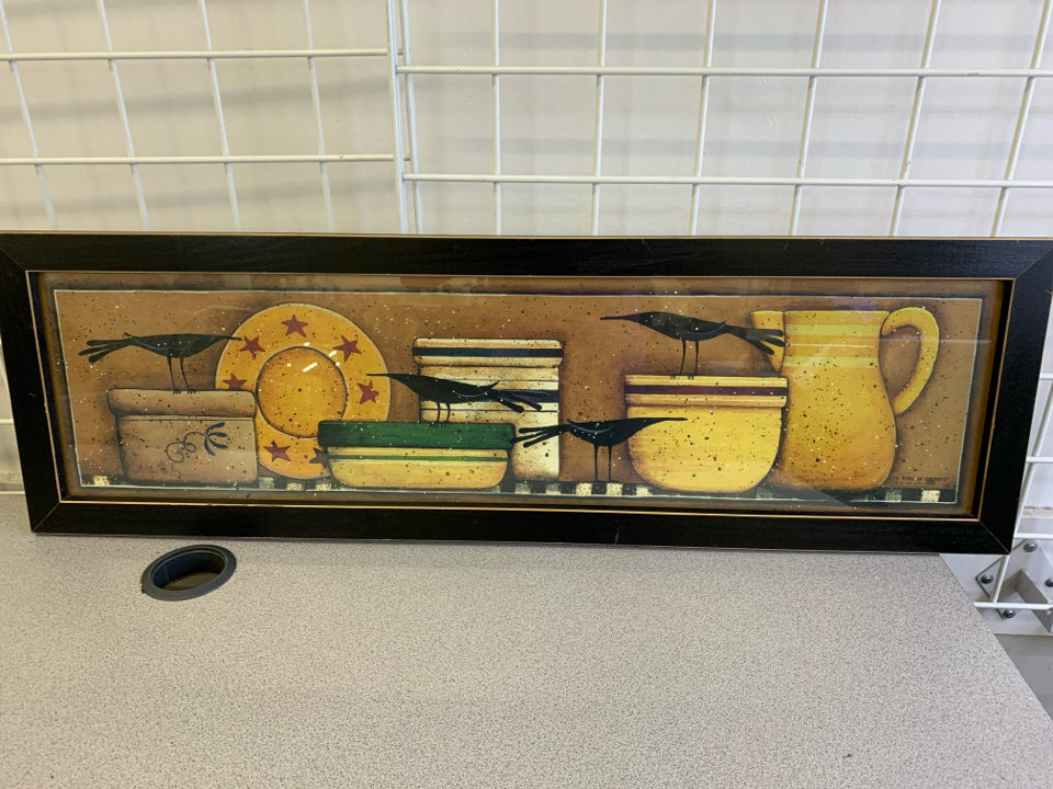 PRIMITIVE CROCKS W/ CROWS BLACK FRAME WALL ART.