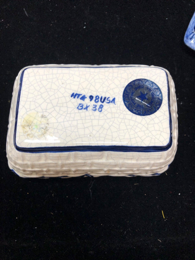 POTTING SHED PANSY COVERED TRINKET DISH-BLUE/WHITE CRACKLE.