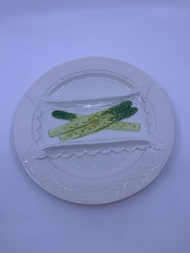 CREAM VINE EMBOSSED W GREEN ASPARAGUS DISH.